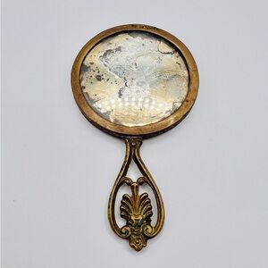 Antique Art Nouveau French Brass Gilded Hand Held Mirror 4 inches